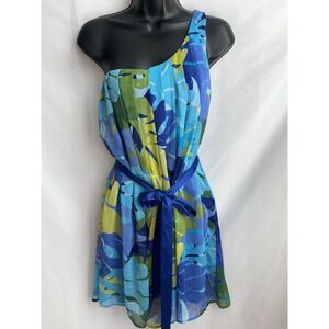 Arden B Y2K Chiffon Mini Dress Retro Blue Multicolor Size S Belted One Shoulder